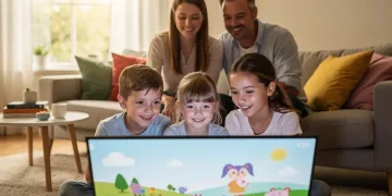 Familia disfrutando de contenido seguro con perfiles infantiles y control parental.