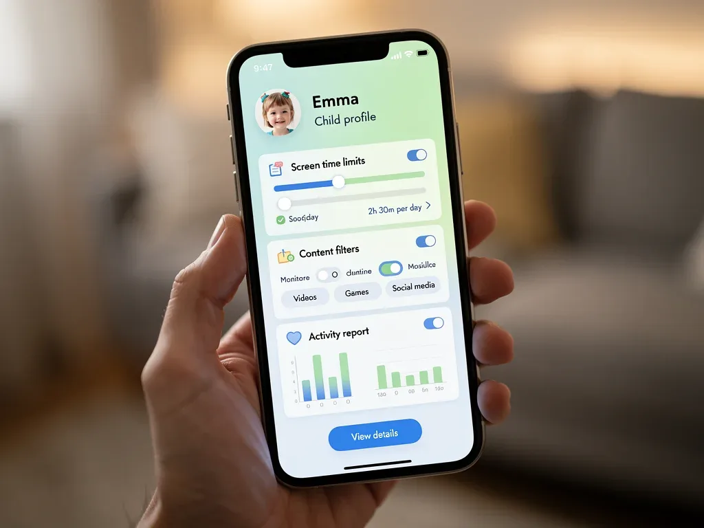 Interfaz de control parental en un dispositivo móvil con opciones de configuración.