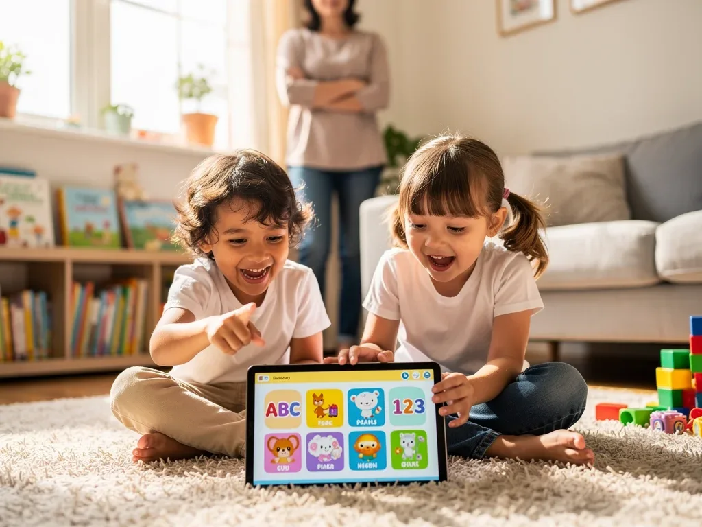Niños disfrutando de contenido educativo bajo supervisión parental.