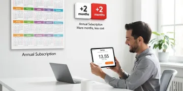 Mujer sonriente calculando ahorros de suscripciones anuales en una tablet.