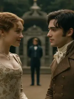Penelope and Colin Bridgerton in wedding attire, embracing in a garden.