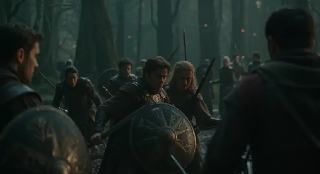Intense battle scene from Chronicles of Eldoria, featuring armored warriors and magical effects.