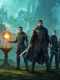 Promotional artwork for Chronicles of Eldoria, showing heroes in a fantasy world.