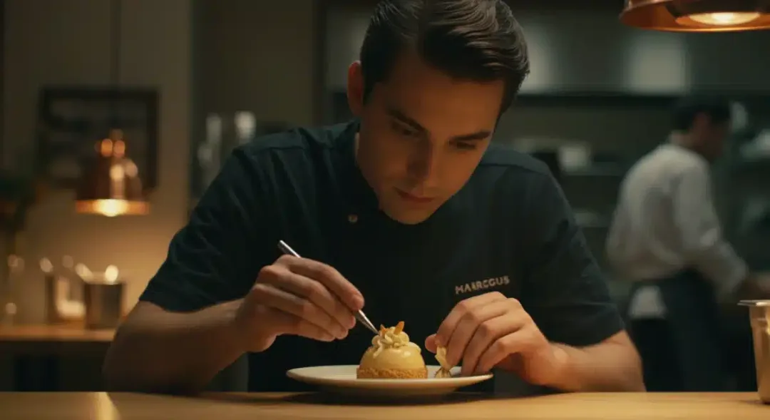 Marcus meticulously decorating a dessert, showcasing calm under pressure