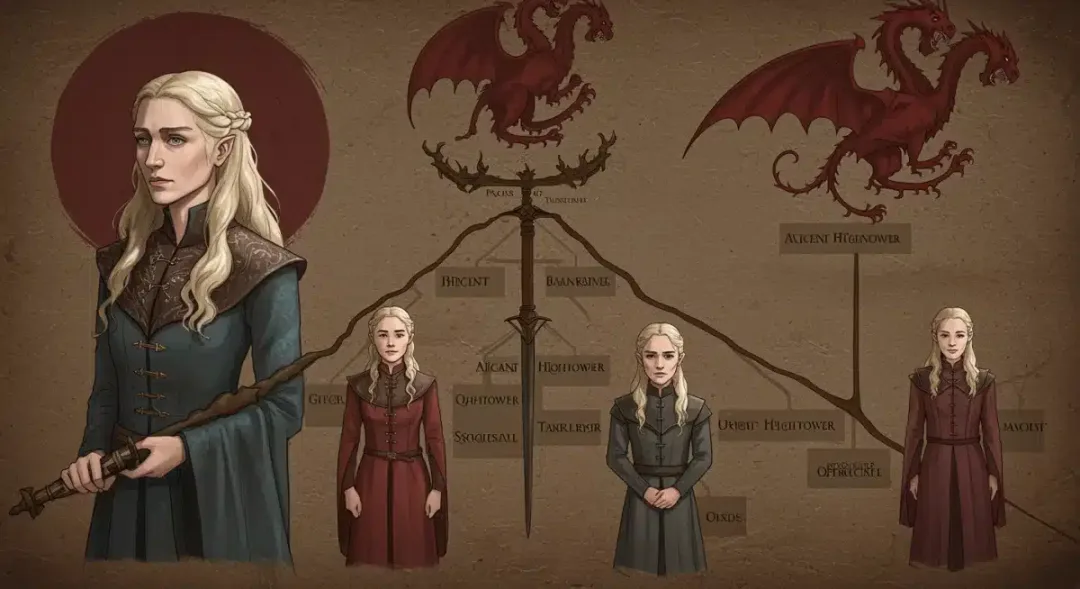An intricate tapestry or map showing the rival factions of the Targaryen civil war, highlighting the Greens and Blacks.