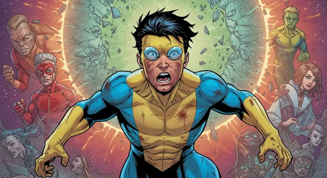 Invincible Mark Grayson bruised, standing determined against a backdrop of Omni-Man, Allen the Alien, Angstrom Levy, and a shattered dimensional portal.
