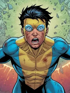 Invincible Mark Grayson bruised, standing determined against a backdrop of Omni-Man, Allen the Alien, Angstrom Levy, and a shattered dimensional portal.