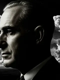 J. Robert Oppenheimer's face with atomic bomb mushroom cloud