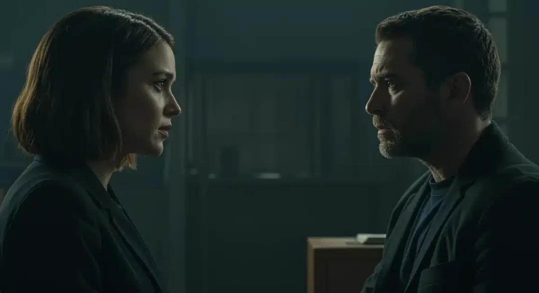 Two main characters in a tense, emotionally charged scene from Apple TV+ drama.