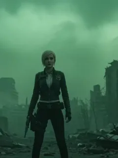 Fallout Season 1 Episode 8 dramatic standoff featuring main characters in a ruined city