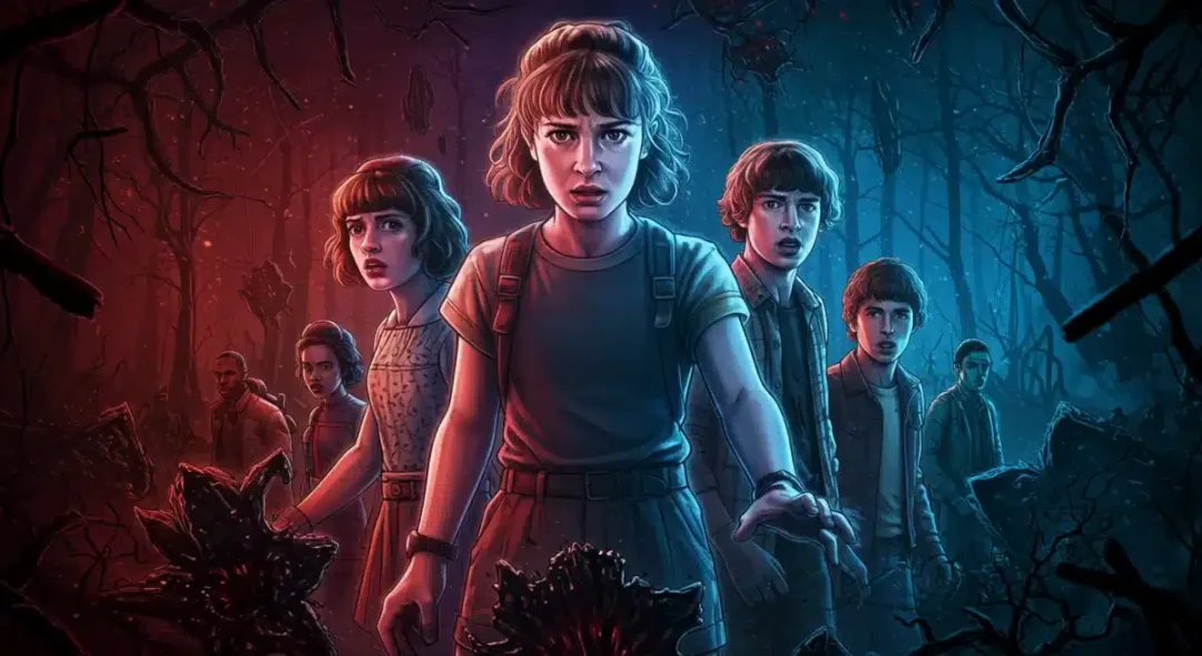 Stranger Things Season 4 Volume 2 main cast facing off against Vecna, with Upside Down tendrils and a dark, ominous sky in the background, hinting at the tragic events and cliffhangers.
