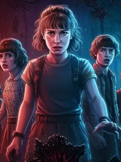 Stranger Things Season 4 Volume 2 main cast facing off against Vecna, with Upside Down tendrils and a dark, ominous sky in the background, hinting at the tragic events and cliffhangers.