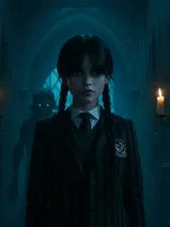 Wednesday Addams confronting the Hyde monster at Nevermore Academy.