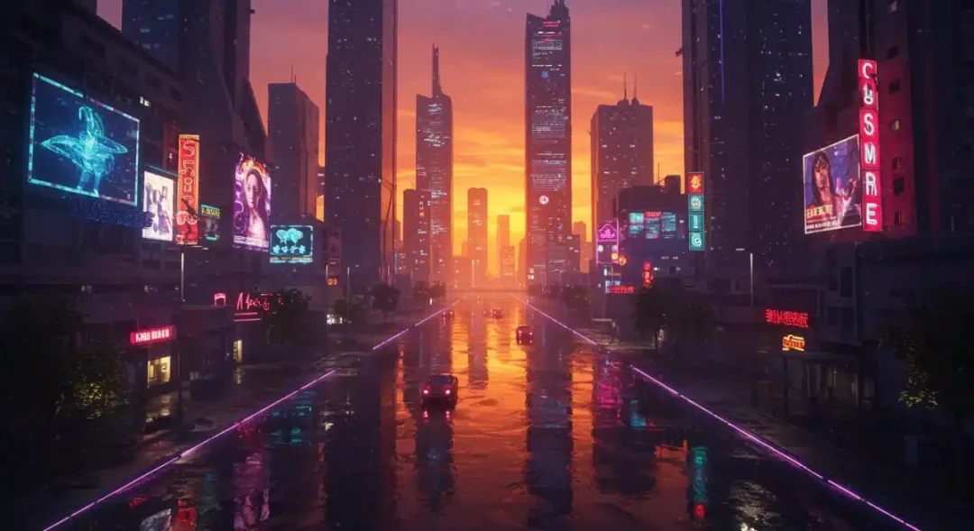 Futuristic city skyline at dusk in Crimson Shores