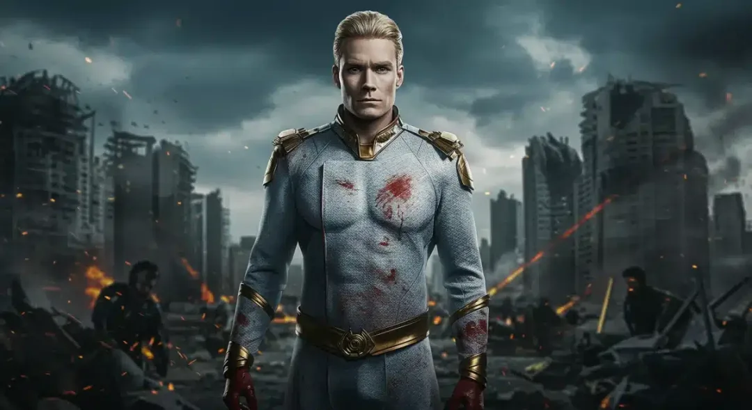 Homelander standing menacingly in a ruined city after a major battle.