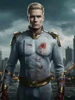 Homelander standing menacingly in a ruined city after a major battle.