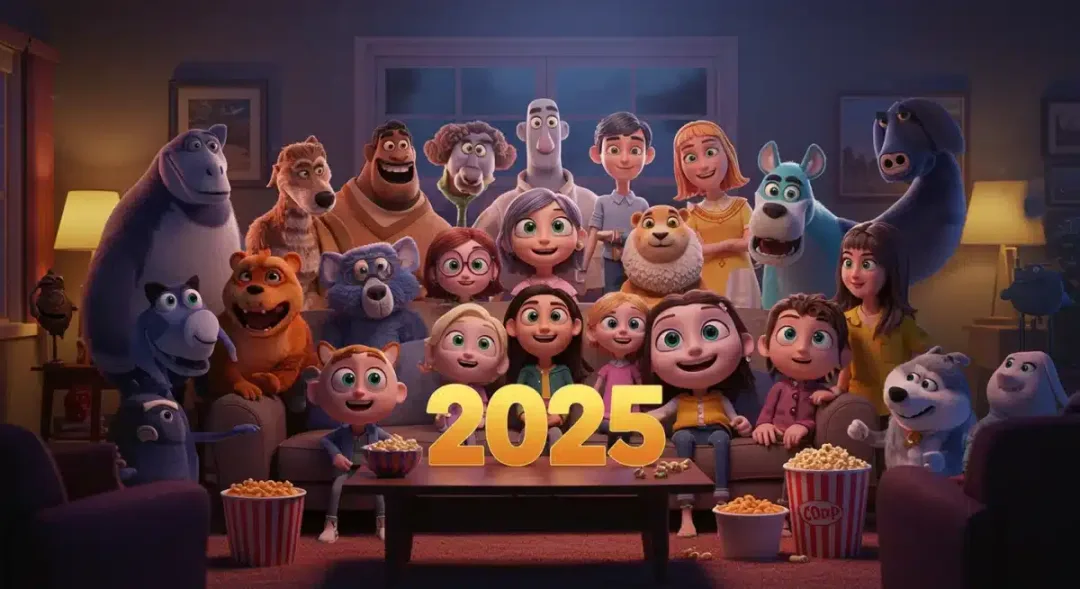 Diverse animated characters watching family-friendly animated shows on a screen in 2025, exuding joy and togetherness.
