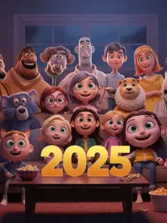 Diverse animated characters watching family-friendly animated shows on a screen in 2025, exuding joy and togetherness.