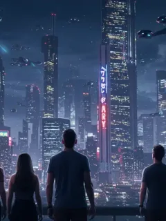 Futuristic cityscape with neon lights and flying vehicles, anticipating 2025 sci-fi series