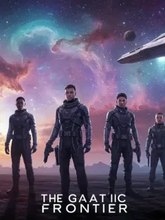 Promotional artwork for 'The Galactic Frontier' showing characters on an alien world with a spaceship.