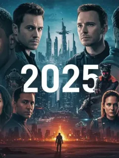 Futuristic city skyline with diverse characters representing sci-fi series of 2025