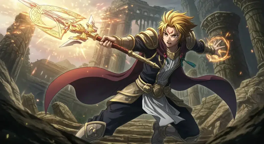 Fantasy anime protagonist in action, showcasing intricate details and magical abilities, set in a mystical forest.
