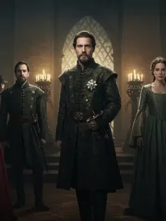 Grand historical drama scene with diverse characters in period costumes, rich details, and dramatic lighting.