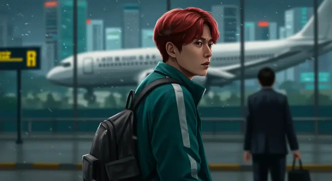 Gi-hun at airport, determined to fight Squid Game