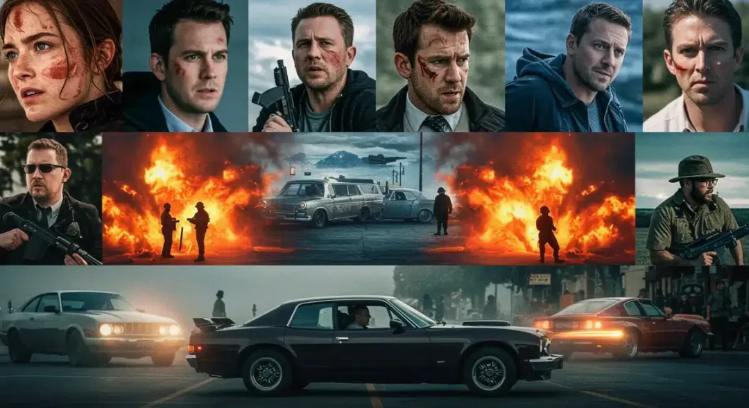 Dynamic collage of action movie scenes for upcoming thrillers before Summer 2025.