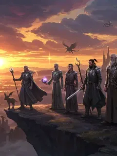 Epic fantasy series characters overlooking a magical kingdom at sunset, symbolizing new adventures.
