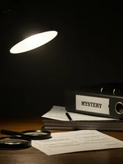 Detective's tools on a desk, symbolizing mystery solving