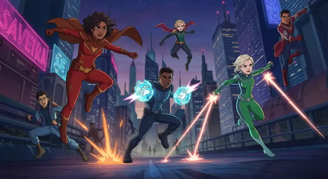 Animated scene of diverse young superheroes from a new Marvel Disney+ series