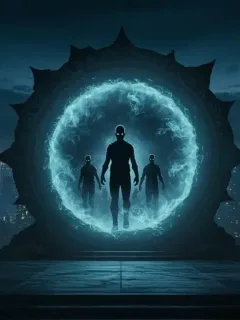 Mystical portal opening into a shadowy realm with futuristic city backdrop for Shadow Realm Season 2 premiere review.