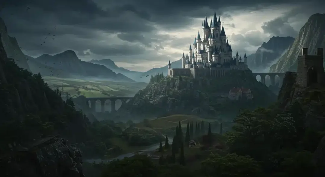 Majestic castle in a medieval fantasy landscape, symbolizing epic world-building