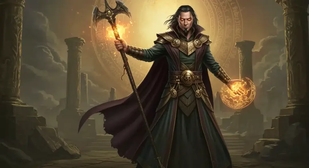 Heroic fantasy character with magical elements in an ancient, mystical setting