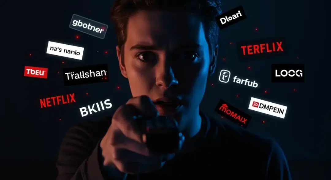 Person with remote control, face lit by screen, surrounded by streaming logos, anticipating a new horror series.