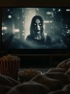 A person comfortably watching an eerie horror series on a television screen in a dimly lit room, ready for a spooky binge.