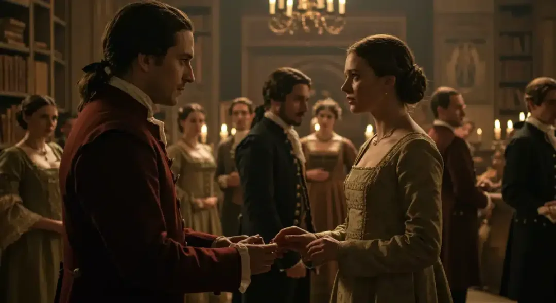 Historical library scene with characters in period attire, reflecting a dramatic book adaptation for 2025.