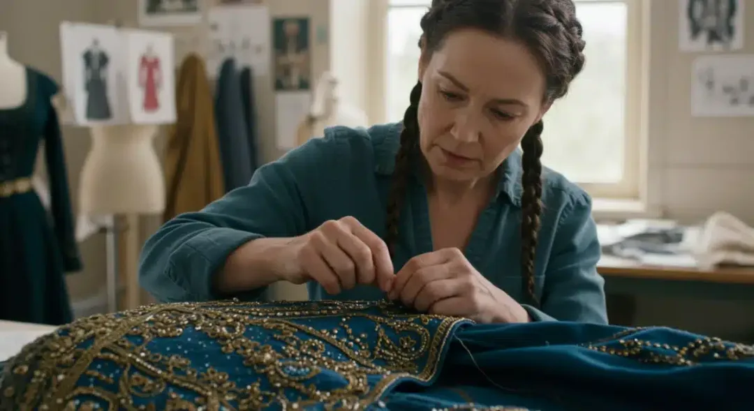 Costume designer crafting an elaborate garment for 'The Obsidian Crown'.