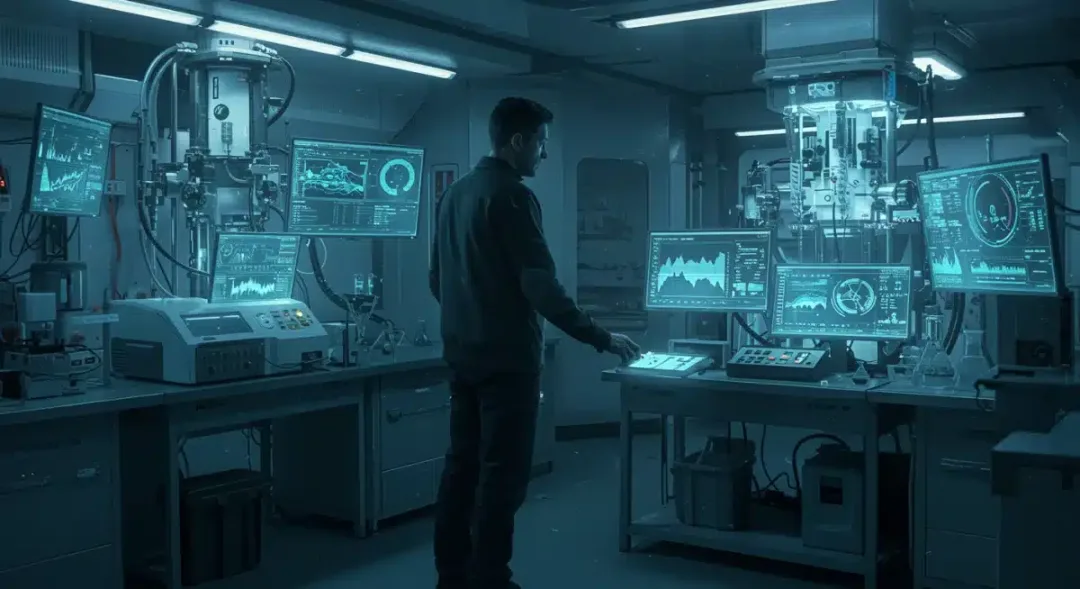 Character in futuristic lab conducting an experiment, surrounded by glowing screens, indicating a sci-fi thriller.