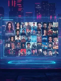 Futuristic cityscape with holographic screens showcasing diverse snippets of new TV series for mid-2025 premieres.
