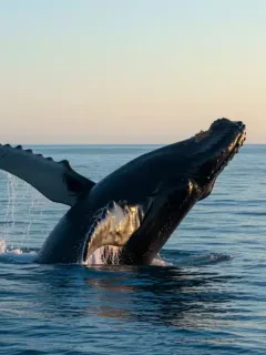 Humpback whale breaching from ocean at sunset, representing top nature documentaries.