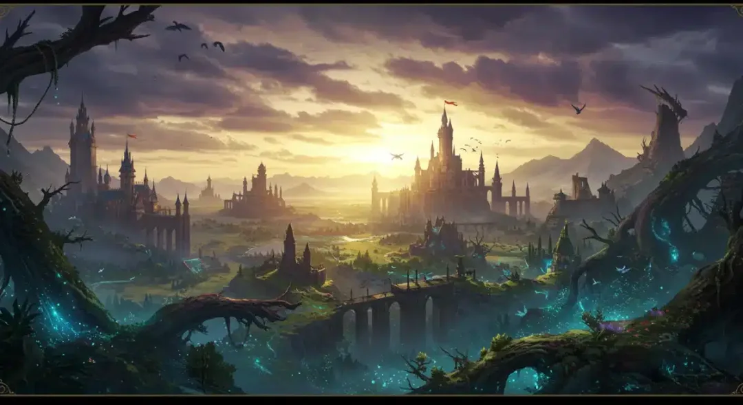 Epic fantasy landscape with a grand castle and mysterious forests