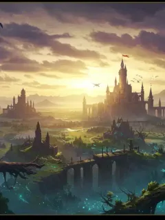 Epic fantasy landscape with a grand castle and mysterious forests