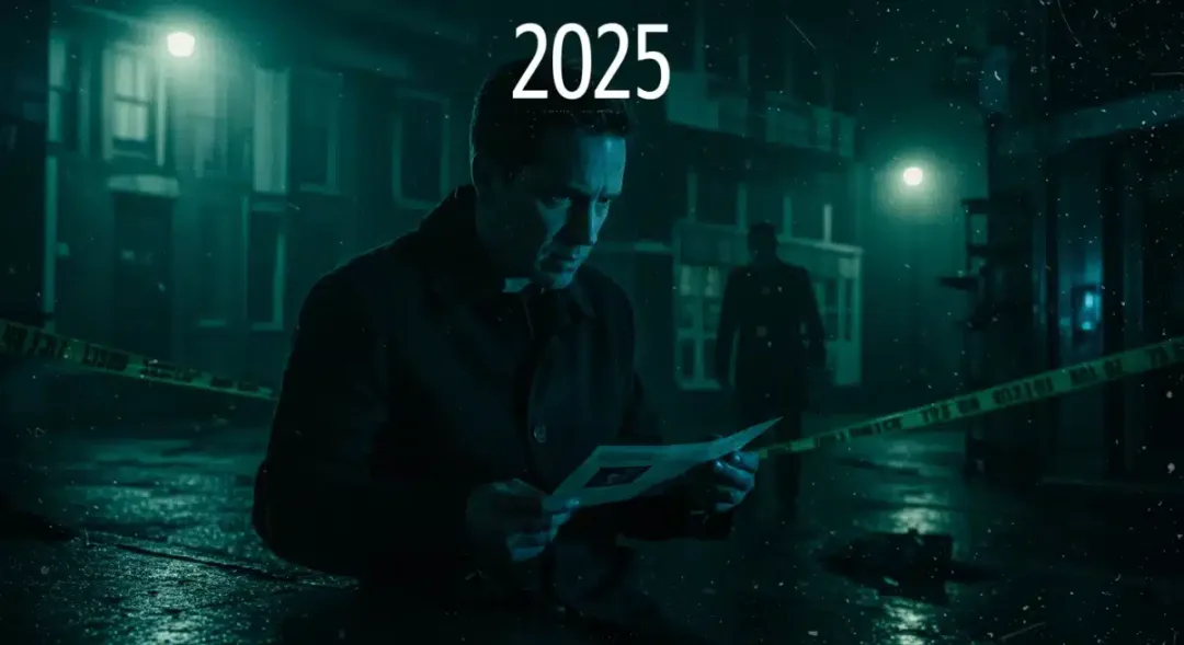 Upcoming true crime series 2025: a detective's silhouette against a crime scene chalk outline.