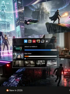 Collage dinámico de escenas de las series de streaming más esperadas de 2026, con personajes y elementos futuristas.