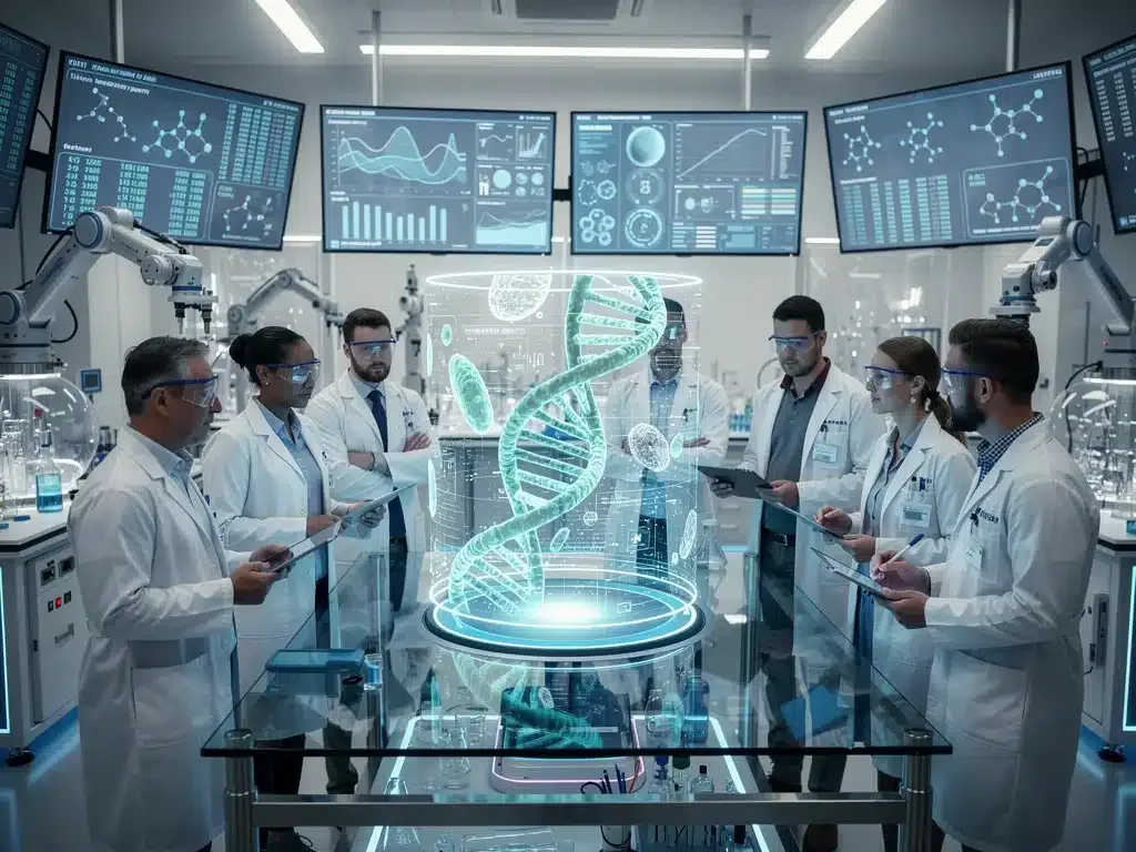 Científicos en un laboratorio de alta tecnología, observando una proyección holográfica, representando la investigación y los avances de las tramas de ciencia ficción.