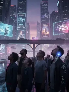 Paisaje urbano futurista con luces de neón y hologramas de series, evocando el ambiente de las miniseries de ciencia ficción de 2026.