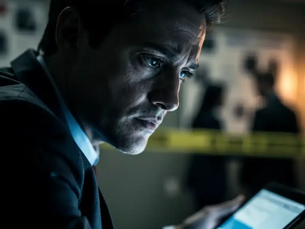 Detective con mirada intensa analizando pistas en una escena del crimen.