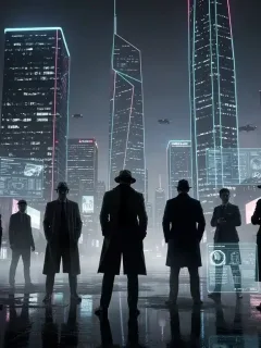 Cartel promocional futurista de una serie de drama criminal, con luces de neón y siluetas misteriosas.